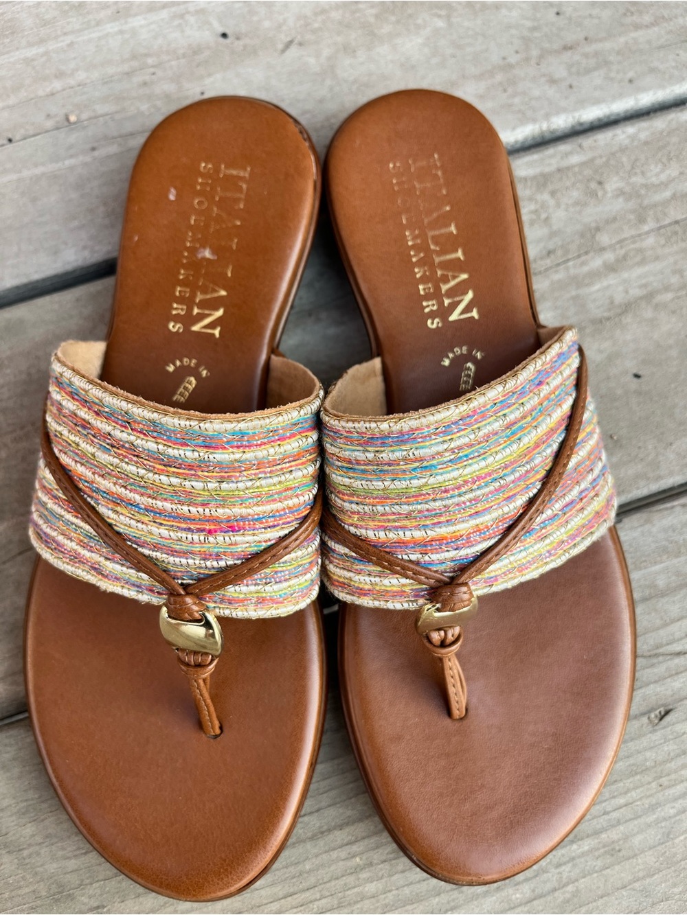Italian Shoemakers Brown Multicolor Fabric Strap Thong Sandals